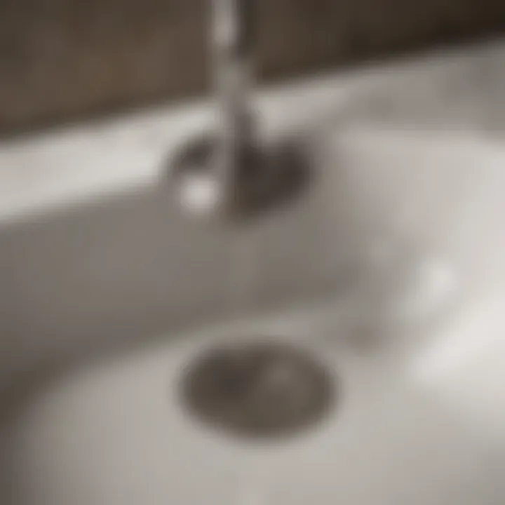 A close-up of a clogged bathroom sink drain