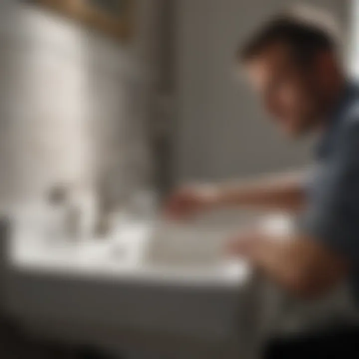 A professional examining a bathroom sink plumbing system