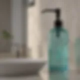 Stylish aqua glass soap dispenser on a bathroom countertop