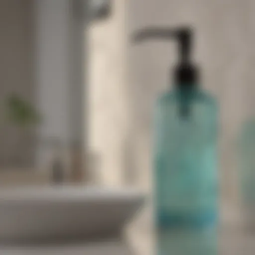 Stylish aqua glass soap dispenser on a bathroom countertop