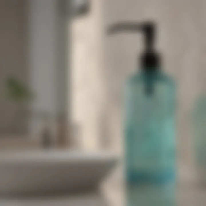 Stylish aqua glass soap dispenser on a bathroom countertop