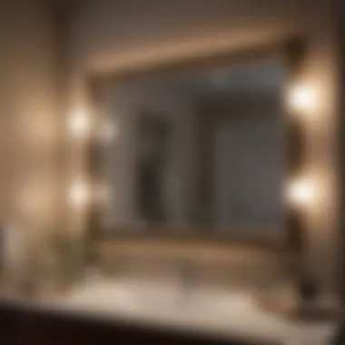 Warm ambient light reflecting in a bathroom mirror