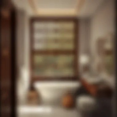 Wooden Bathroom Screen Panel Stylish wooden screen panel providing privacy in a chic bathroom setting.