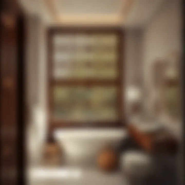 Wooden Bathroom Screen Panel Stylish wooden screen panel providing privacy in a chic bathroom setting.