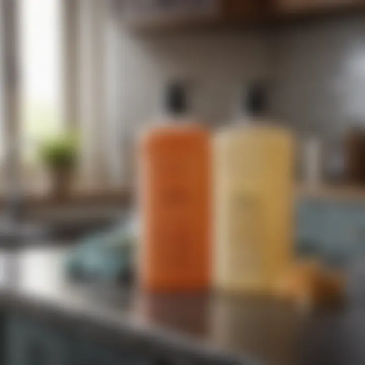 A close-up of various laundry soaps on a kitchen counter