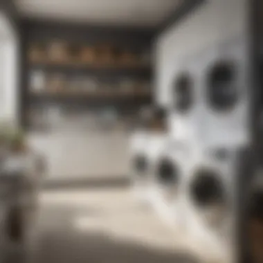 A neatly organized laundry room with detergents and softeners