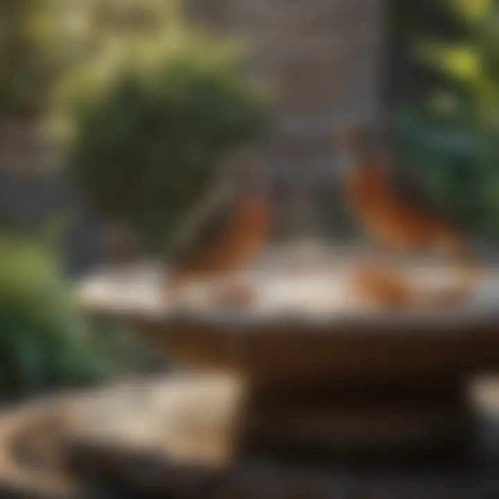 Birds enjoying the water in a solar-powered fountain