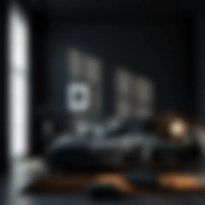 Artistic use of light and shadow in a black-themed bedroom