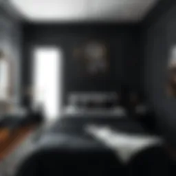 Elegant black bedroom with contrasting textures