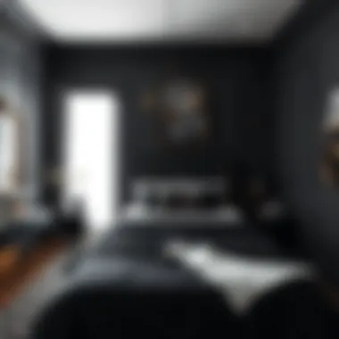 Elegant black bedroom with contrasting textures
