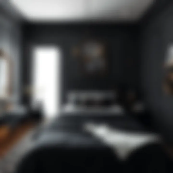 Elegant black bedroom with contrasting textures