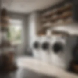 Stylish laundry room with custom shelving