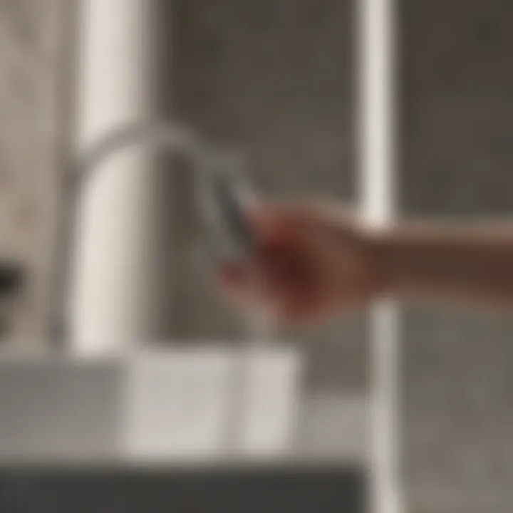 Close-up of a hand adjusting a newly installed faucet