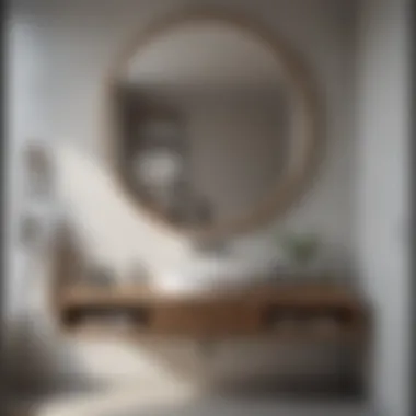 Chic Circular Mirror with Smart Storage Solutions Stylish bathroom showcasing a circular mirror integrated with shelves for organization