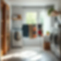 A stylish collapsible laundry drying rack set up in a modern laundry room