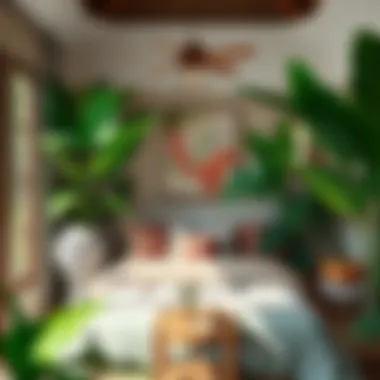 Cozy reading nook adorned with tropical plants and soft furnishings