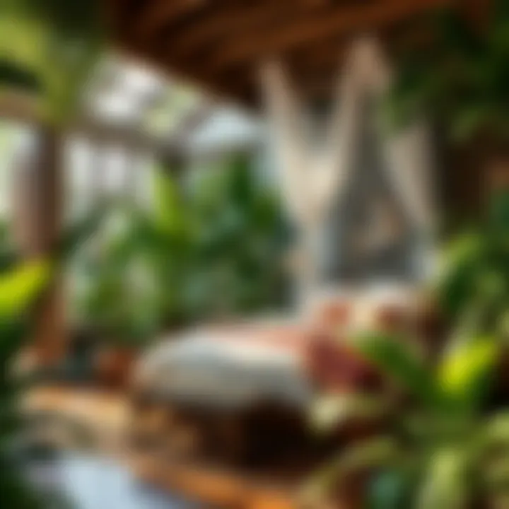 Lush tropical bedroom featuring vibrant greenery and wooden accents