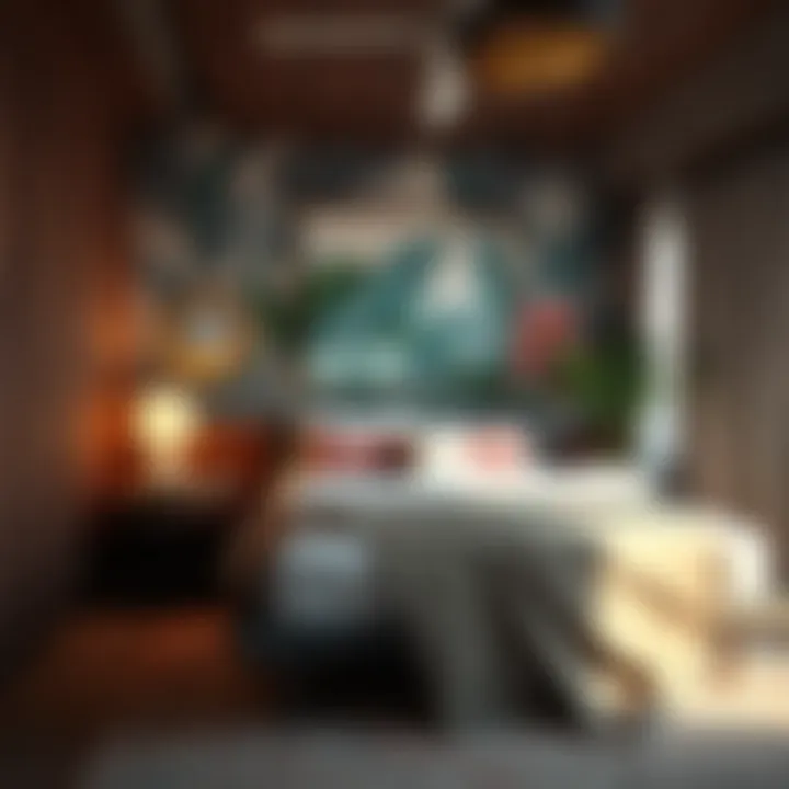 Bedroom decor with tropical-themed artwork and textiles