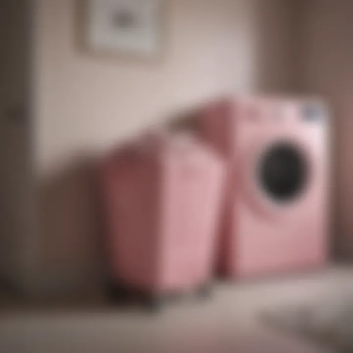 Decorative interior featuring a pink laundry basket with wheels