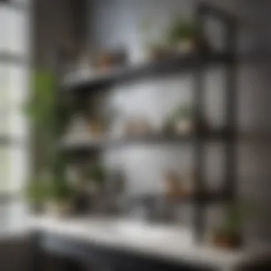 Contemporary metal shelving with plants and toiletries in a stylish bathroom