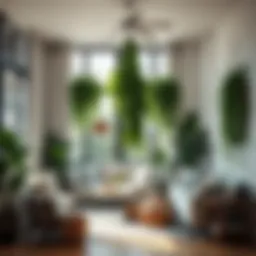 Aesthetic arrangement of draping indoor plants in a modern living room
