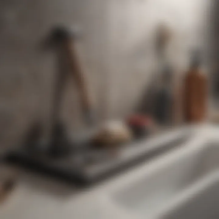 Tools for maintaining tile shine neatly arranged on a bathroom shelf