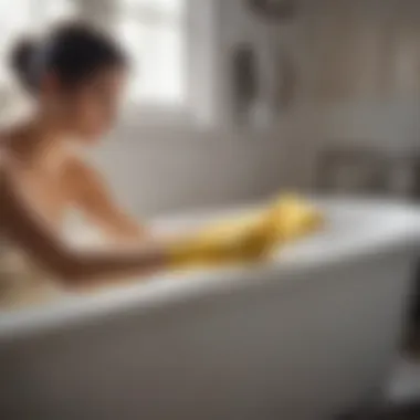 Person applying a non-toxic cleaner to the bathtub