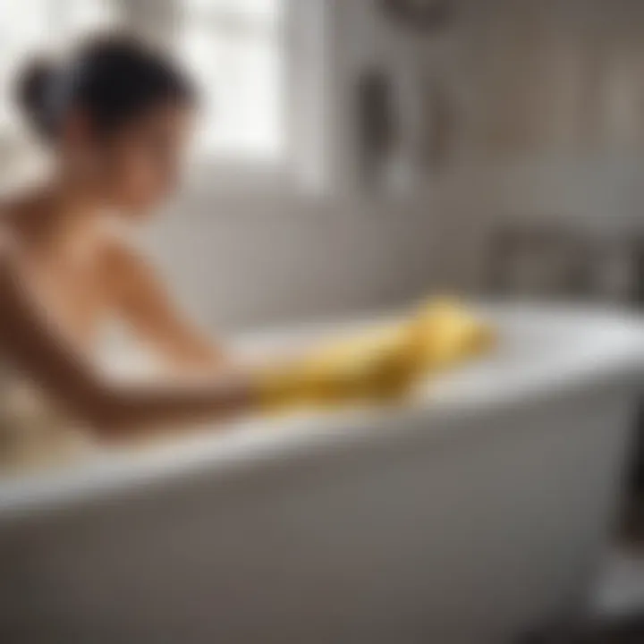 Person applying a non-toxic cleaner to the bathtub