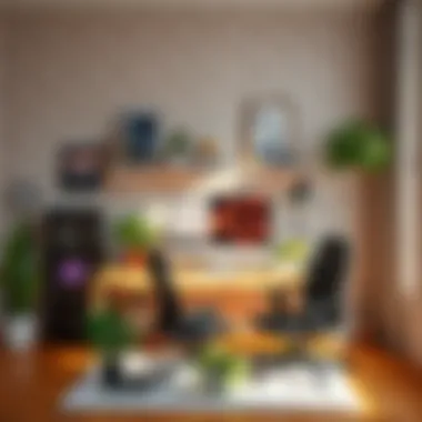 A well-organized home office desk with plants