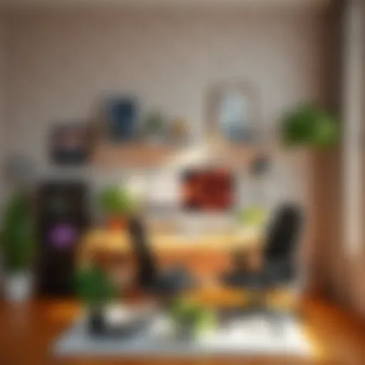 A well-organized home office desk with plants