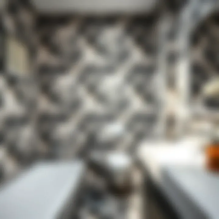 Close-up of textured stick-on tiles in a modern bathroom
