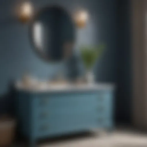 Trendy bathroom vanity painted in calming blue tones