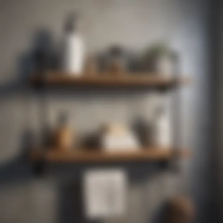 Rustic metal and wood shelf in a vintage bathroom