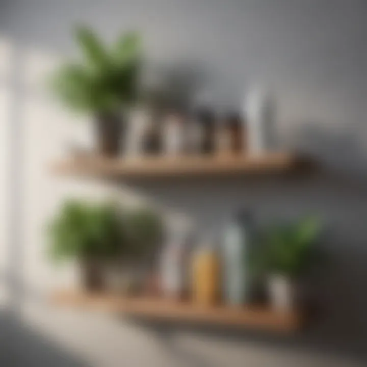 Bathroom wall shelf with plants and toiletries