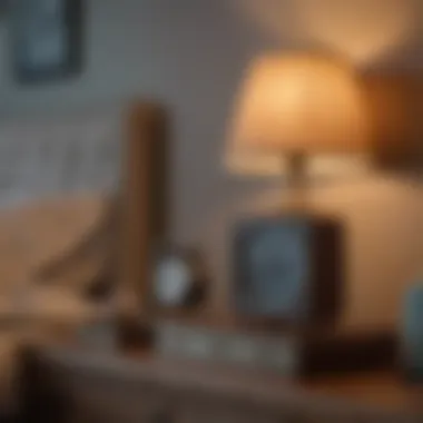 Cozy Bedside Table Setup A bedside table featuring an alarm clock and a cozy lamp