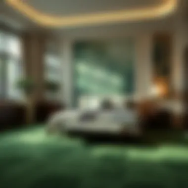Nature-Inspired Deep Green Carpet in Bedroom A luxurious bedroom featuring a deep green carpet, promoting a sense of nature and calmness.