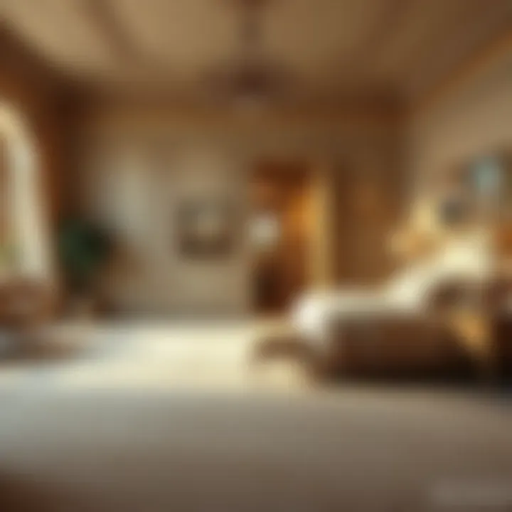 Inviting Beige Carpet in Elegant Bedroom An elegant bedroom adorned with a neutral beige carpet, creating a warm and inviting atmosphere.