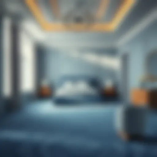 A serene bedroom showcasing a soft blue carpet that enhances tranquility.