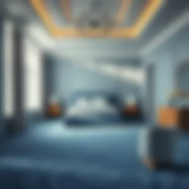 Tranquil Blue Carpet in Bedroom Design A serene bedroom showcasing a soft blue carpet that enhances tranquility.