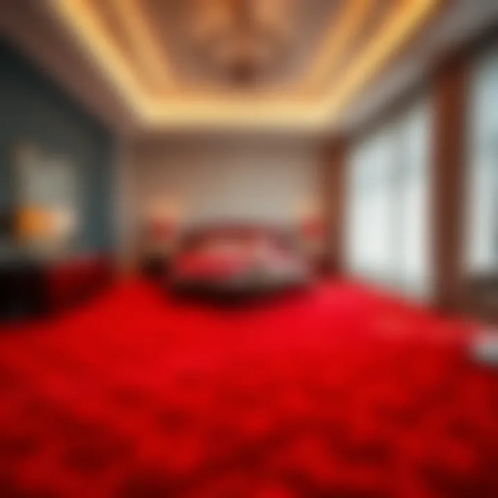 Energetic Red Carpet in Contemporary Bedroom A vibrant red carpet in a stylish modern bedroom, adding energy and passion to the space.