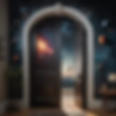 Dreamy Night Sky Mural A whimsical mural featuring a dreamy night sky with stars and planets on a door