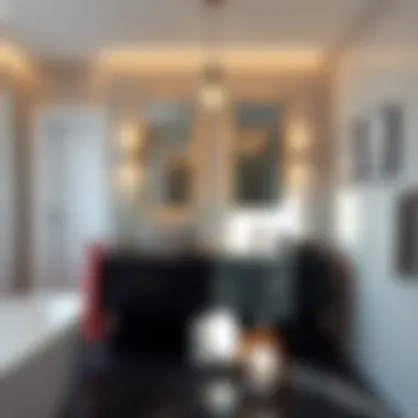 Stylish bathroom featuring black granite vanity and complementary decor