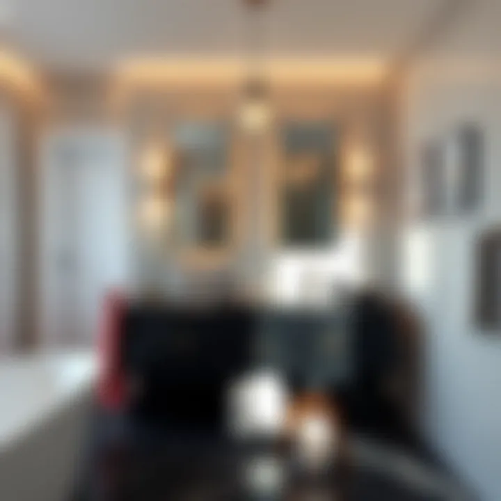 Stylish bathroom featuring black granite vanity and complementary decor