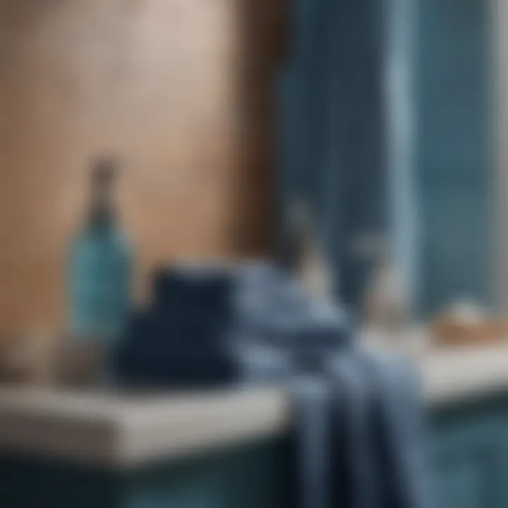 Close-up of various shades of blue towels and decor