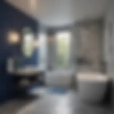 A modern bathroom featuring blue accents and fixtures