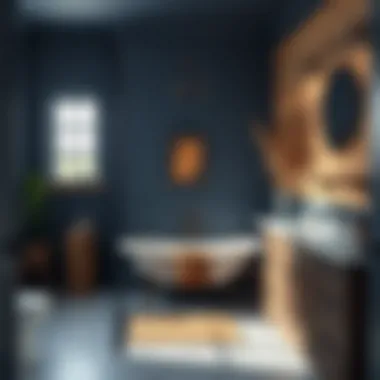 Elegant Navy Blue and Rustic Bathroom Elegant bathroom with navy blue and rustic wood elements