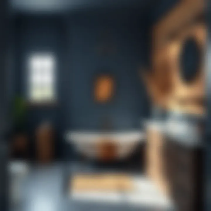 Elegant Navy Blue and Rustic Bathroom Elegant bathroom with navy blue and rustic wood elements