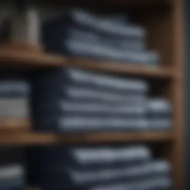 Array of blue paisley towels neatly arranged on a shelf