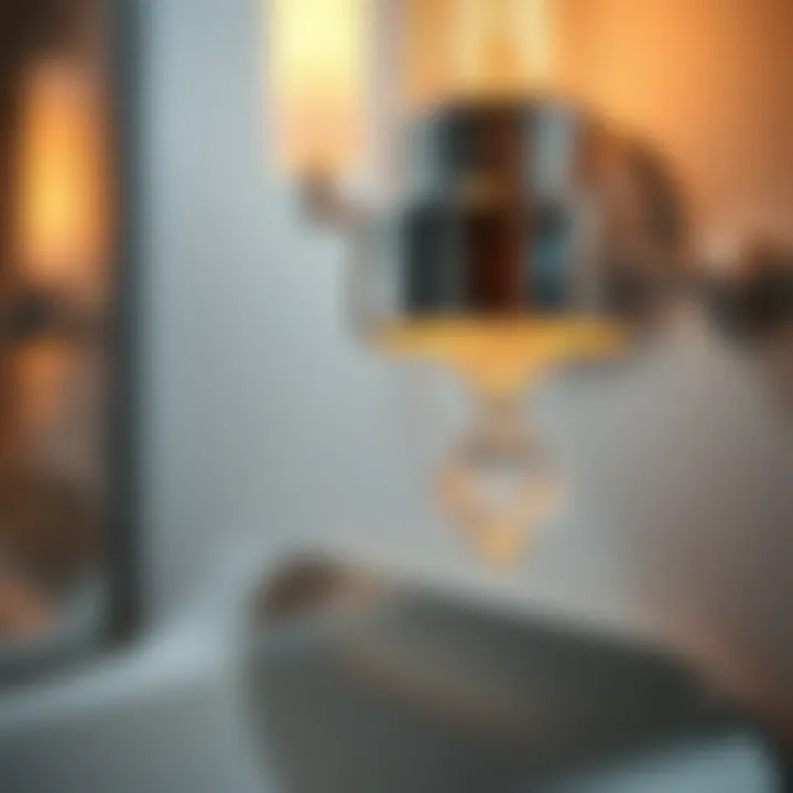 Sleek Chrome Vanity Light with Warm Glow Close-up of a sleek chrome vanity light with warm glow