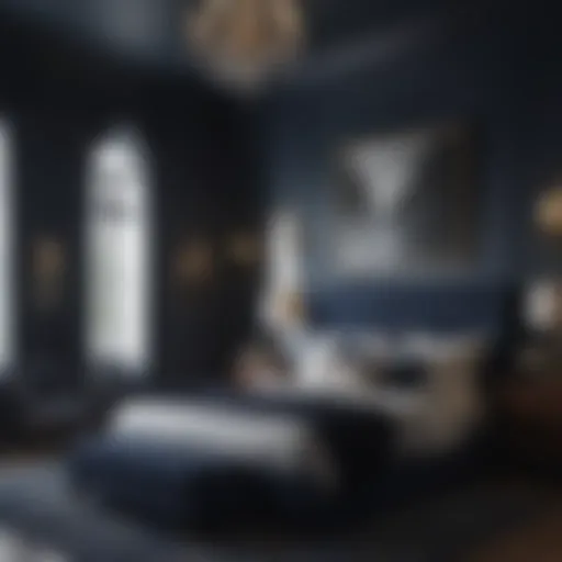 Sophisticated dark bedroom with rich navy walls